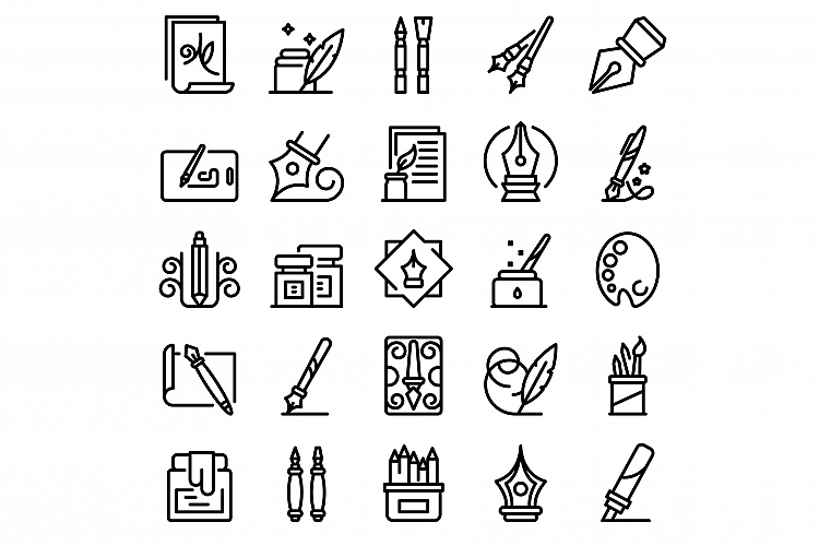 Calligraphy tools icons set, outline style example image 1