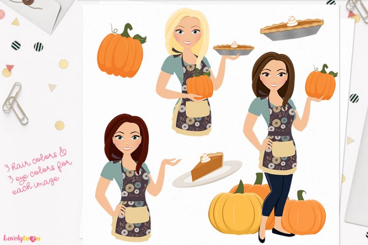 Pumpkin pie woman character clip art (L325 Margie)