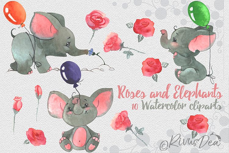 Roses and Elephants watercolor birthday clipart set