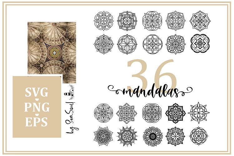 36 hand drawn mandalas. EPS, PNG, SVG Designs