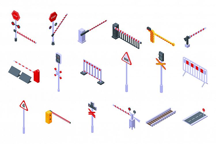 Railroad barrier icons set, isometric style example image 1