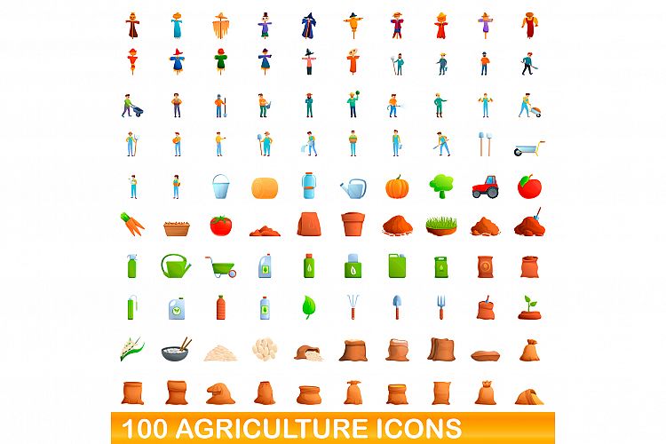 100 agriculture icons set, cartoon style example image 1