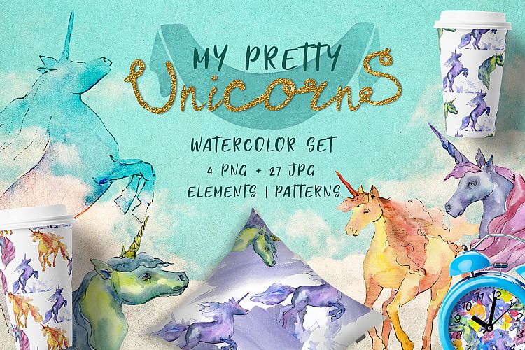 Cute unicorn horse PNG watercolor collection set