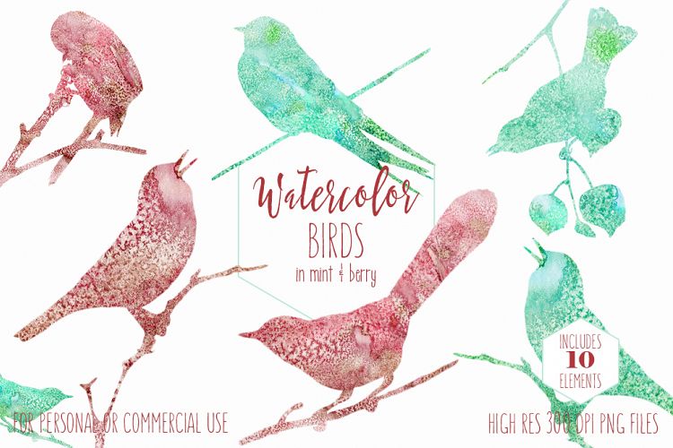 WATERCOLOR BIRD Clipart Burgundy & Mint Watercolor Cute Birds on Branches Graphics Little Bird Silhouette Clipart