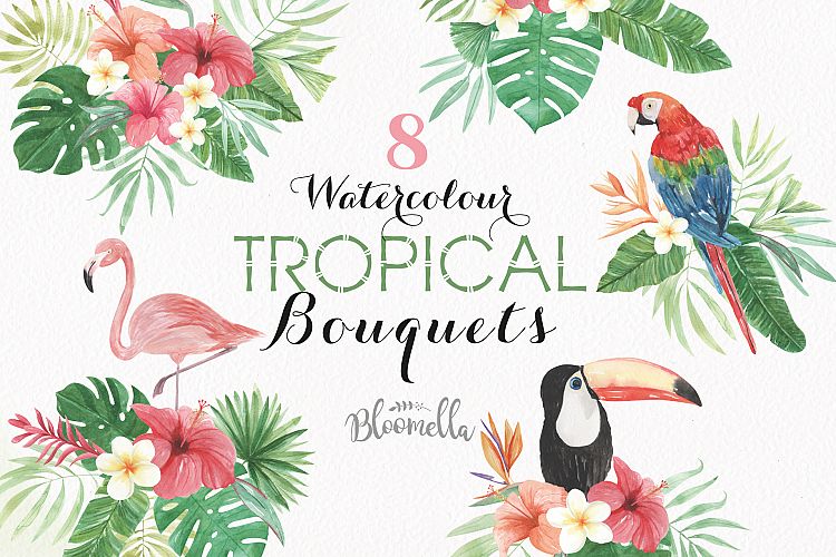 Watercolor Tropical Clipart Bouquets Aloha Flamingo Toucan Parrot Flowers