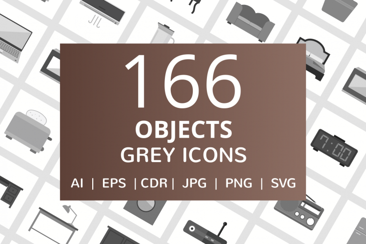 166 Objects Flat Greyscale Icons