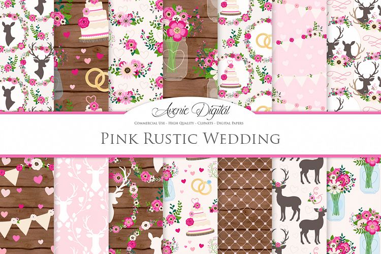 Hot Pink Rustic Wedding Digital Paper - Bright Pink Rustic Deer Wedding Seamless Patterns