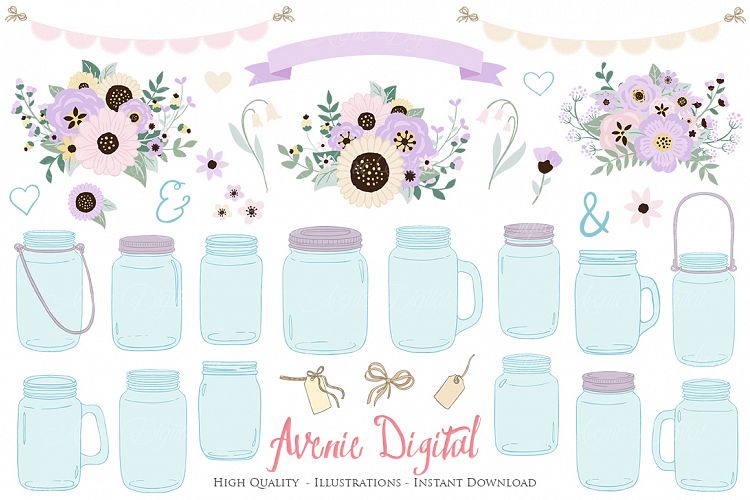 Lilac Mason Jar Floral Light Purple Wedding Clipart