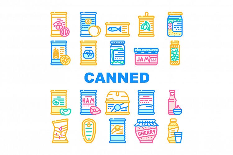Canned Food Nutrition Collection Icons Set Vector