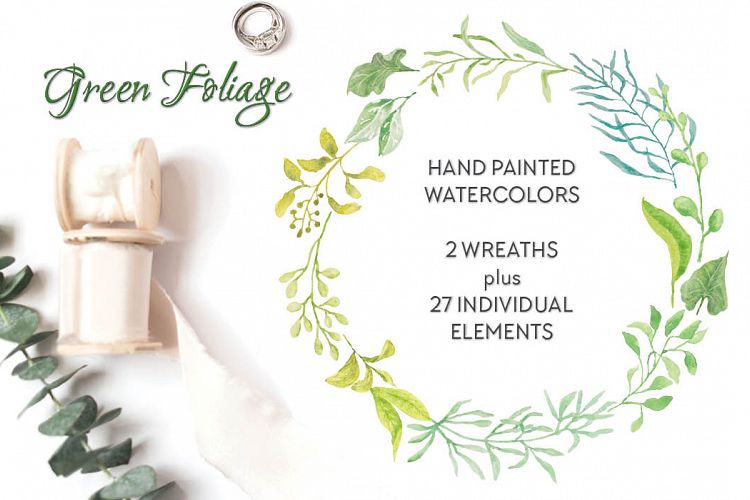 Green foliage watercolor wreaths and elements