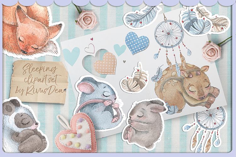 Cute sleeping baby animals watercolor clipart kit