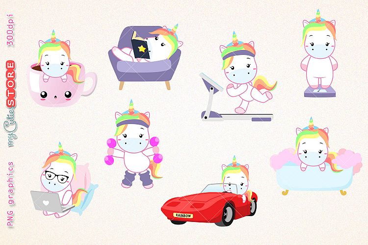 Kawaii unicorns clipart, PNG graphics collection, treadmill, coffee, bath time, reading, great for planner stickers or scraps.