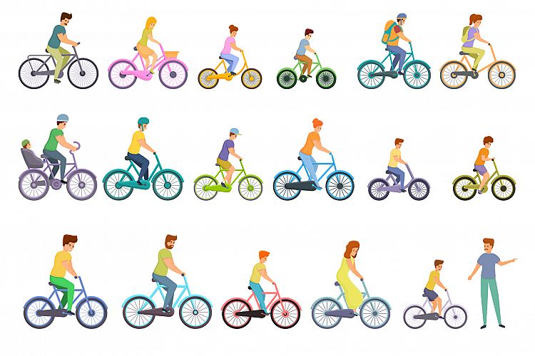 Bike family icons set, cartoon style example image 1