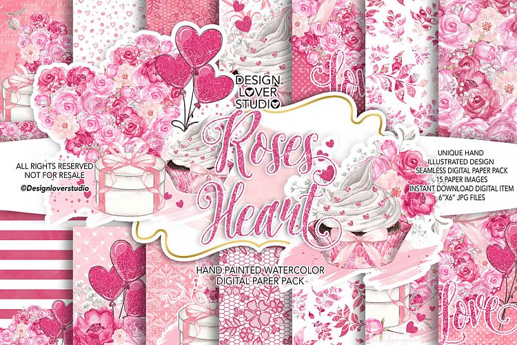 Roses Heart Valentine design digital paper pack