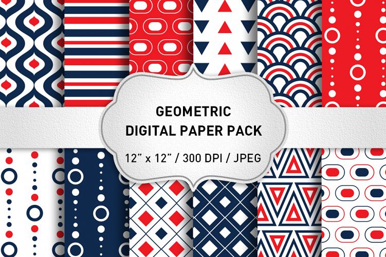 Geometric Digital Paper Pack / Geometric Backgrounds / Scrapbooking / Card Making / Patterns / Printables / Blue and Red Paper