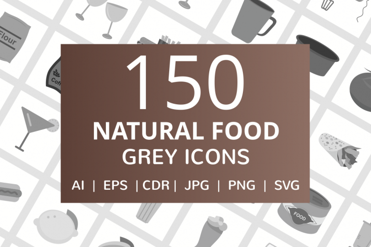 150 Natural Food Flat Greyscale Icons
