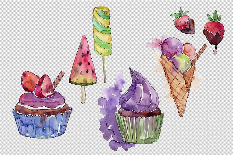 Watercolor mix cool ice cream PNG set
