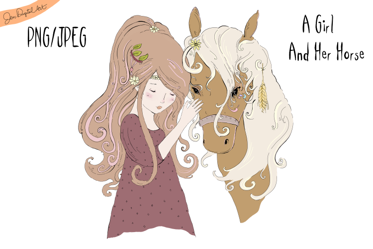 A Girl And Her Horse | JPEG/PNG | Clip Art Illustration