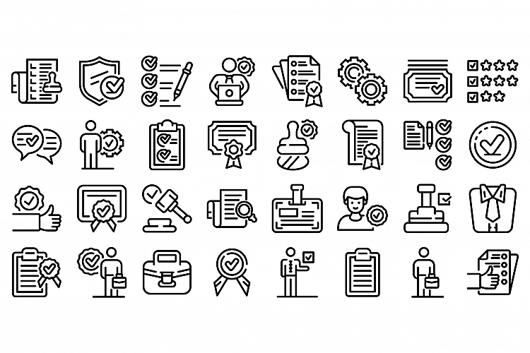 Quality assurance icons set, outline style