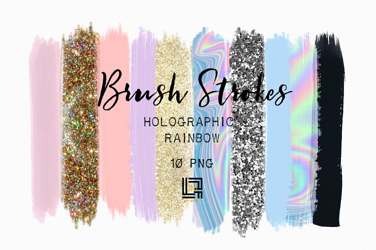 Brush Strokes Clip Art. Holographic rainbow. Holographic colors: silver glitter, light purple, gold glitter, purple Digital Design Resource.