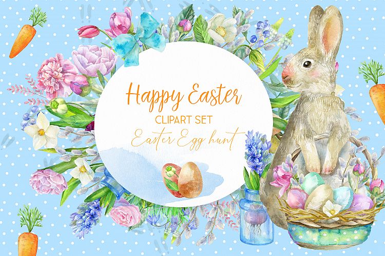 Watercolor Easter clipart, spring floral wreath frame, bunny (192740