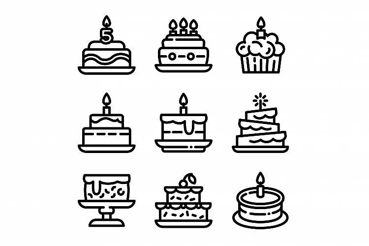 Cake birthday icons set, outline style example image 1