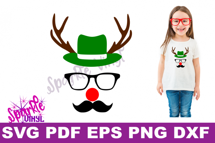 Svg Christmas Reindeer face ladies shirt tshirt outfit with hat glasses mustache red nose antlers svg files for cricut silhouette printable