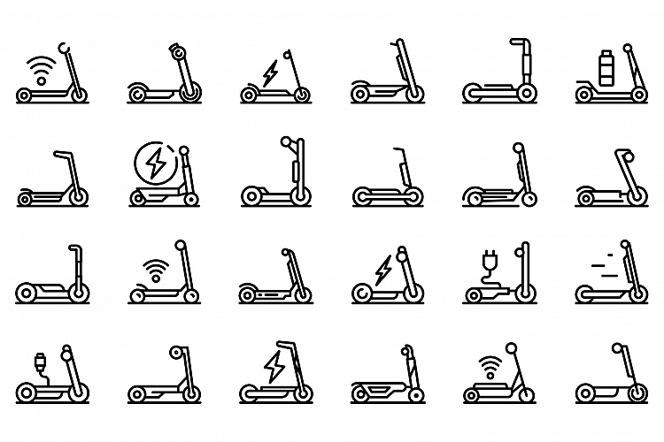 Electric scooter icons set, outline style