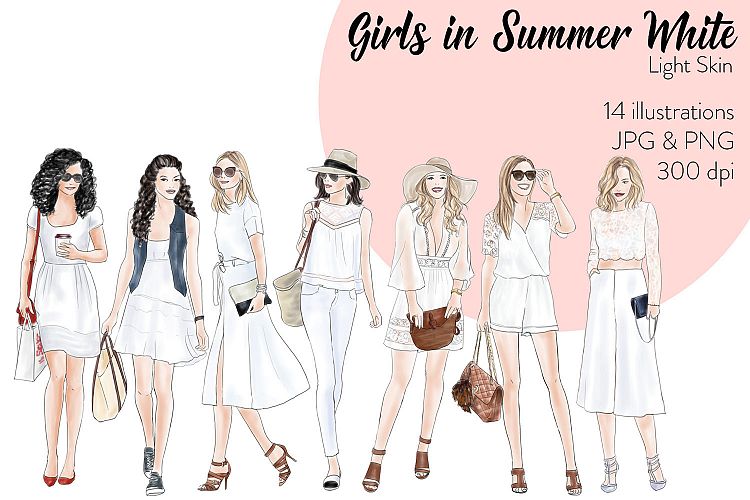 Watercolor Fashion Clipart - Girls in Summer White - Light Skin