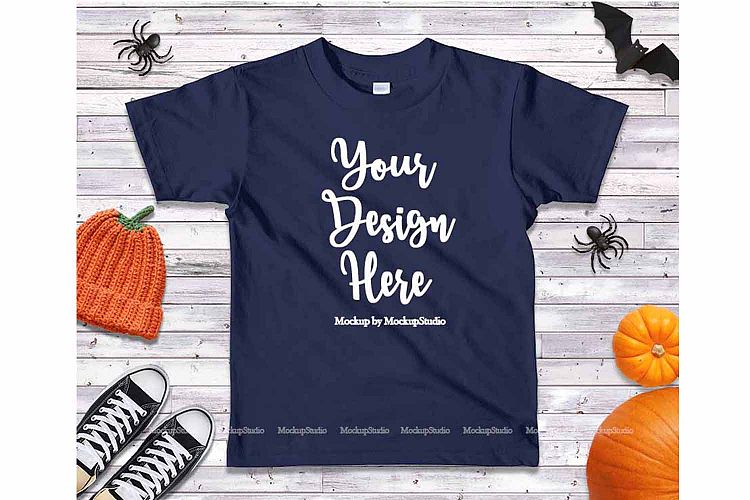 Halloween Fall Navy Kids Shirt Mockup Teen Flat Lay
