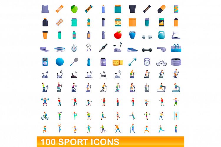 100 sport icons set, cartoon style example image 1