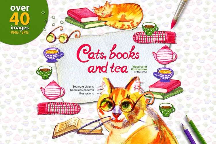 Watercolor cats, books and tea