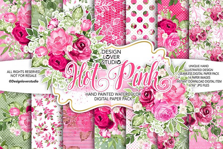 Watercolor HOT PINK digital paper pack