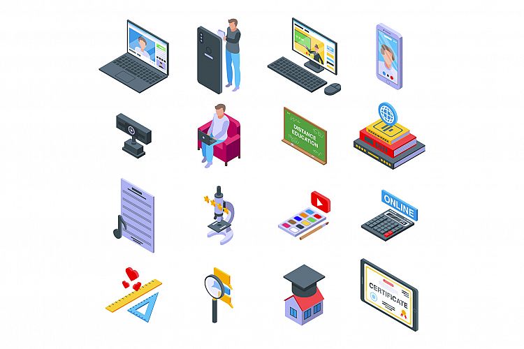 Distance education icons set, isometric style example image 1