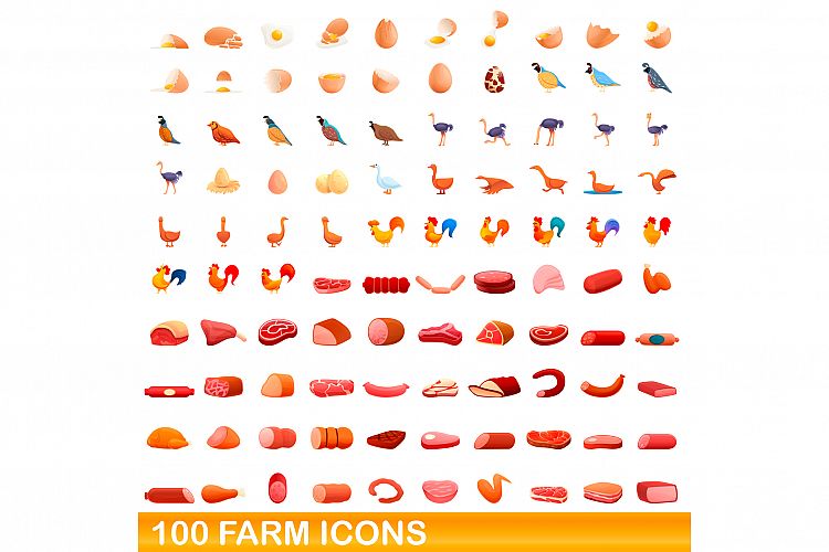 100 farm icons set, cartoon style example image 1