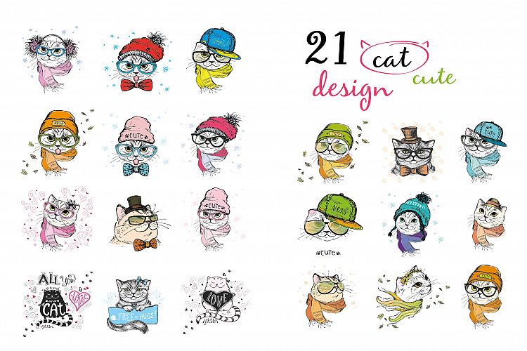 Big set cute cat hand drawn