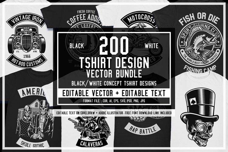 200 Vector Tshirt Designs B/W Concept