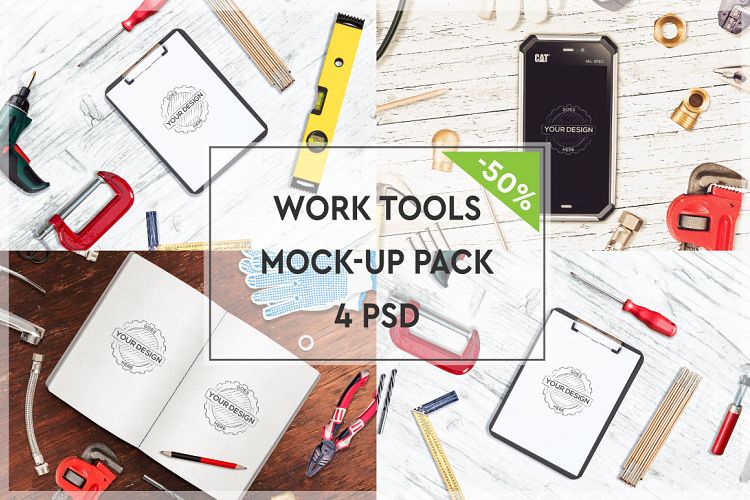 Download Work Tools Mock-up Pack #2 (55856) | Mock Ups | Design Bundles