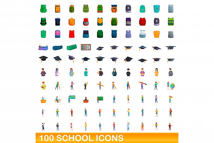 100 school icons set, cartoon style example image 1