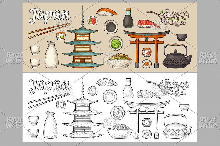 Set Japan. Mountain Fuji, pagoda, torii, sushi. Engraving