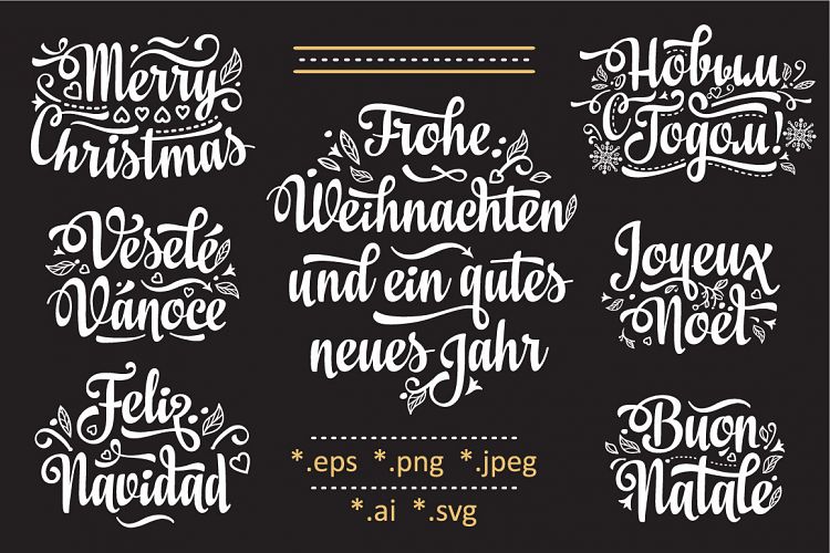 Christmas template. Neues Jahr, Frohe Weihnacht, Novij God, Buon Natale, Vesele Vanose, Feliz Navidad, Joyeux Noel. Christmas lettering.