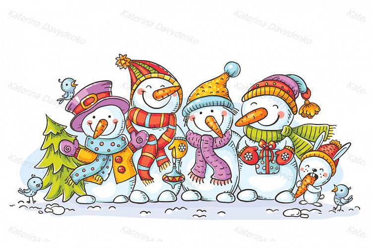 Happy colorful snowmen with Christmas ornaments