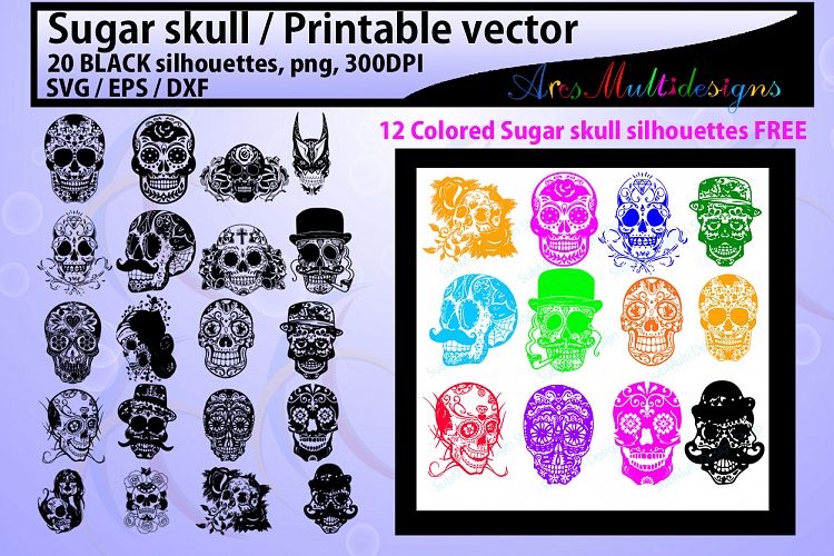 sugar skull silhouette / 20 sugar skull / sugar skull SVG / EPS /Dxf / vector skull / PNG /colored / Hq / colored skull / silhouette svg