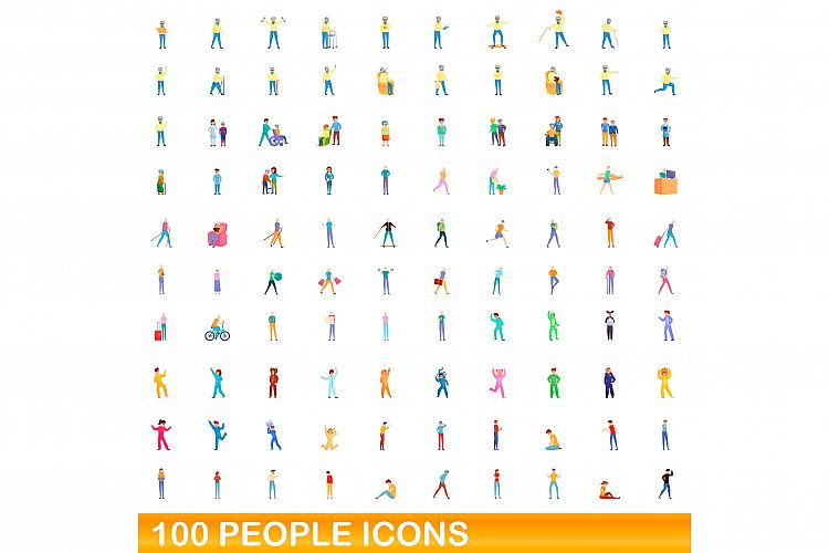 100 people icons set, cartoon style example image 1