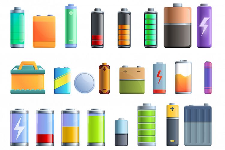 Battery icons set, cartoon style