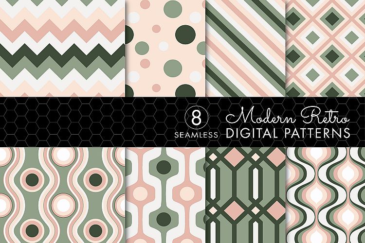 8 Seamless Retro Modern Patterns - Pink & Green - Set 1