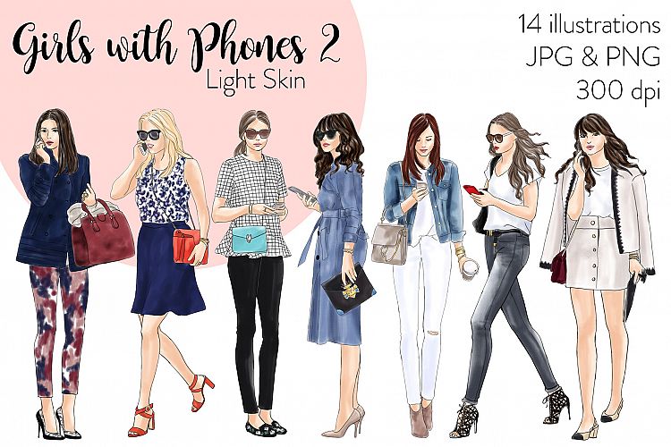 Fashion illustration clipart-Girls with Phones 2 -Light Skin
