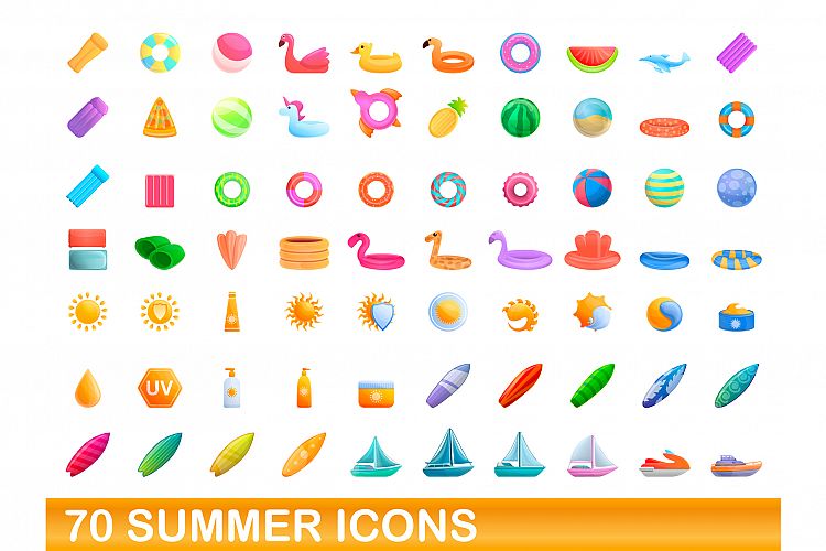 70 summer icons set, cartoon style