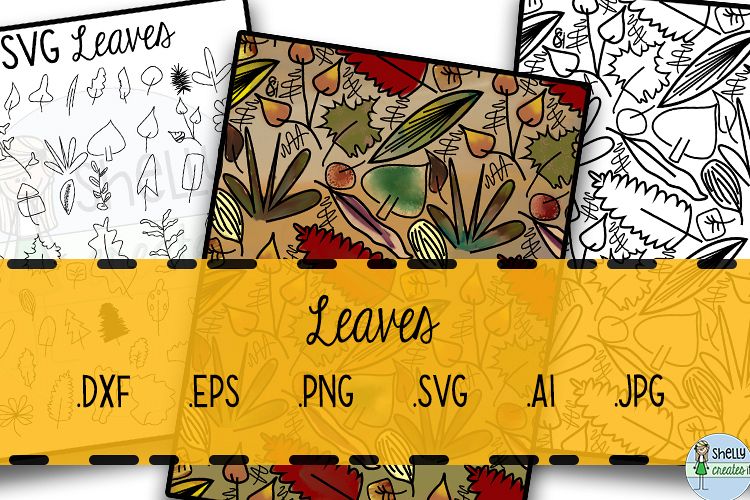 Leaf coloring page digital background and over 50 SVG leaves