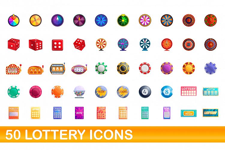 50 lottery icons set, cartoon style example image 1